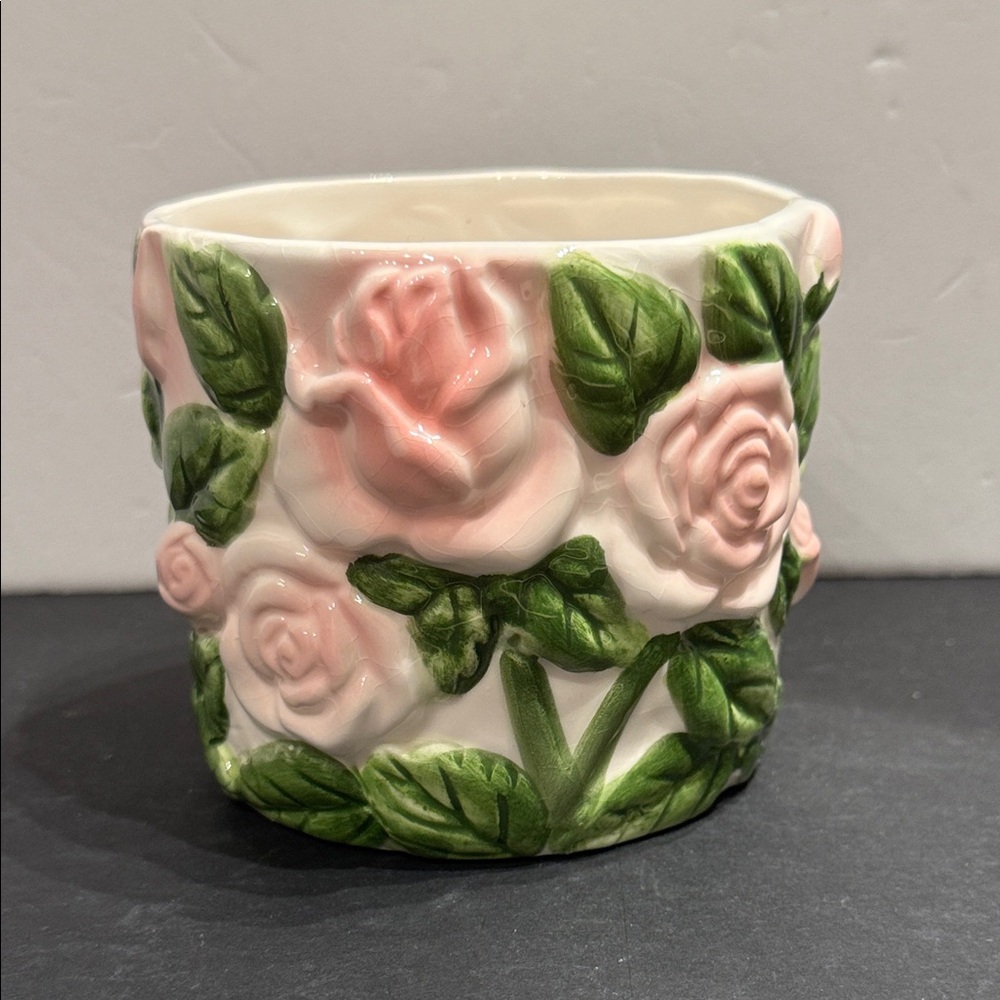 Pink Floral Ceramic Vase planter with Pink Roses and Green Leaves